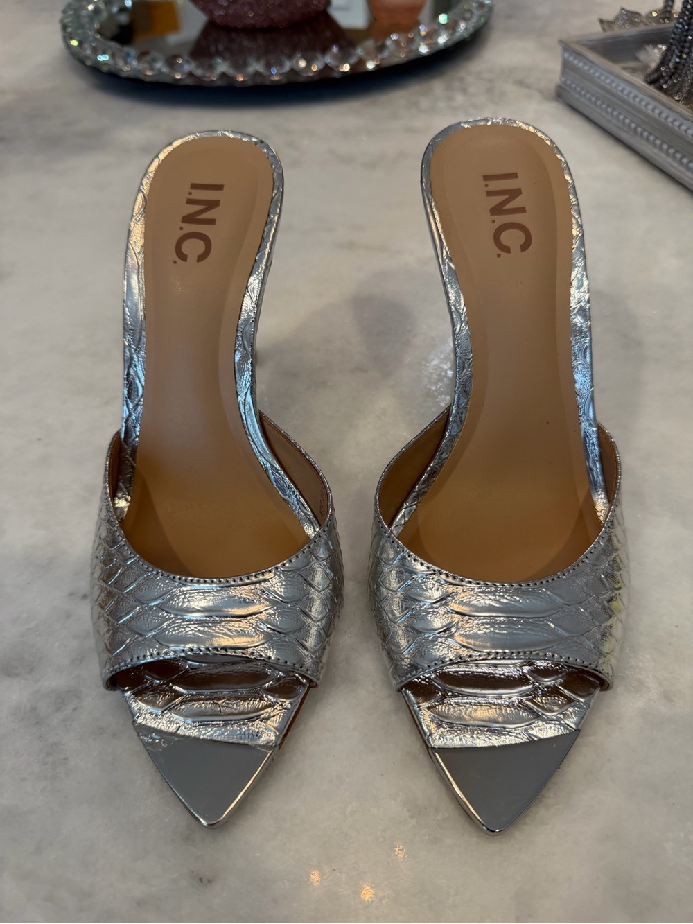 INC International Concepts Metallic Silver Pointed Slip-On Mules new. Size 7